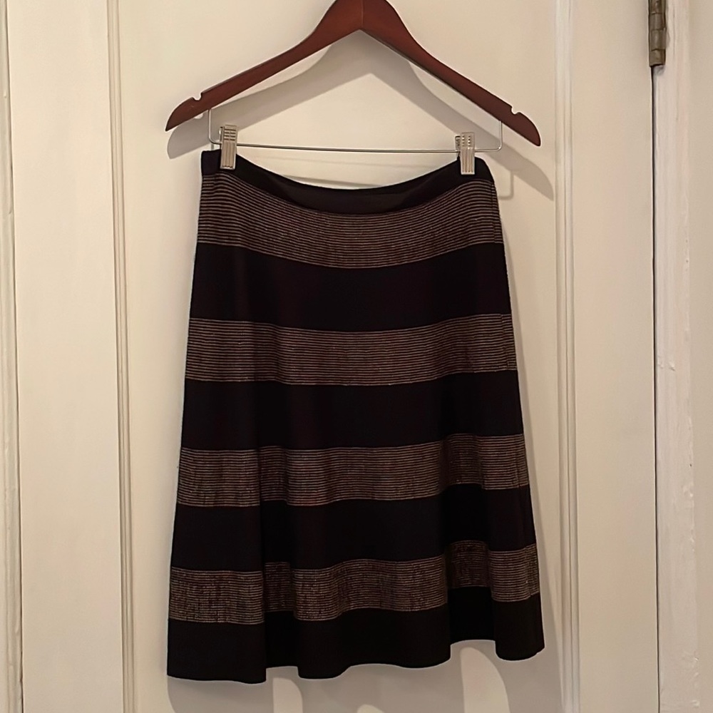 Knee-Length Gold-and-Black stripe rayon skirt